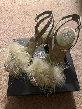 Vince Camuto Pale Gold Feather Slingback Heels